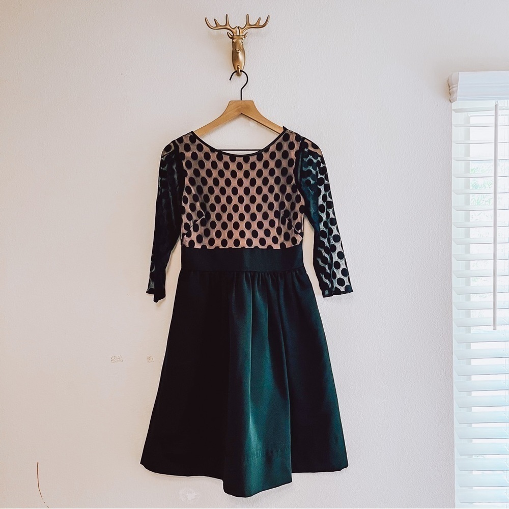 ELIZA J Black Mesh Polka Dot Top 3/4 Sleeve Mini Dress Size 4